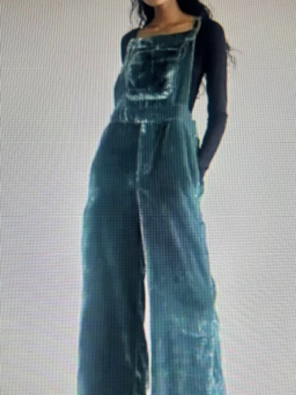 Free People  Crushed Emerald Green Velvet Sheen Strap Elastic Waist Jumpsuit